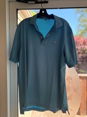 Peter Millar Aqua and Navy Thin-Stripe Polo